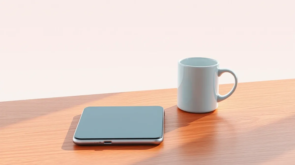 Illustration: A sleek smartphone rests on a wooden desk beside a blank white mug.