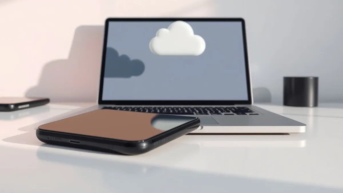 Illustration: A sleek black smartphone rests on a clean white desk, its blank screen reflecting overhead light.