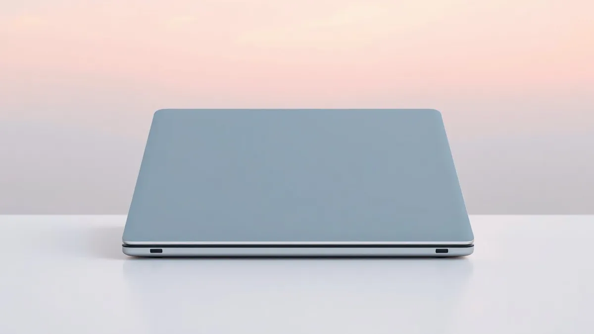 Illustration: A sleek aluminum laptop rests on a clean white surface, its lid closed to reveal a minimalist, brushed metal finish.