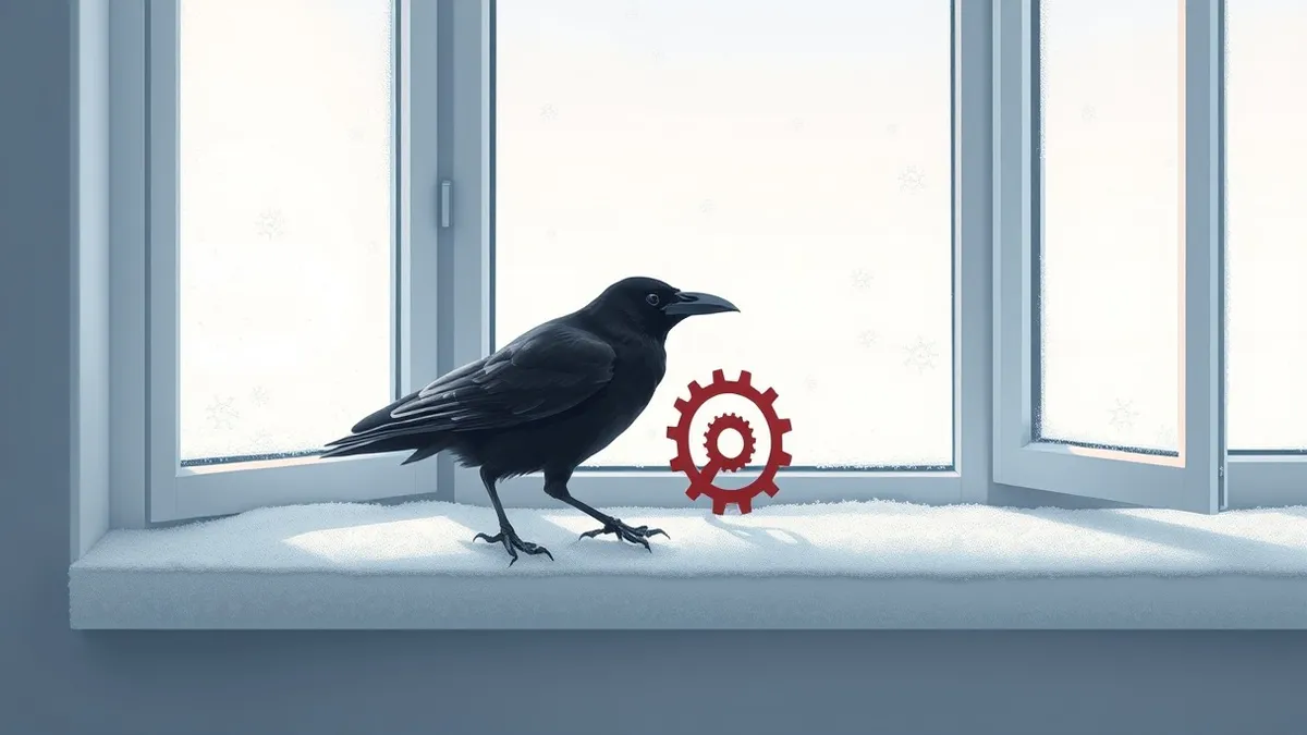 Illustration: A sleek black crow lands softly on a white snow-covered windowsill.