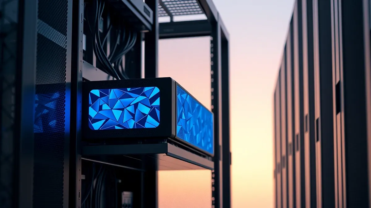 Illustration: A sleek server blade sits inside a modern data center rack.