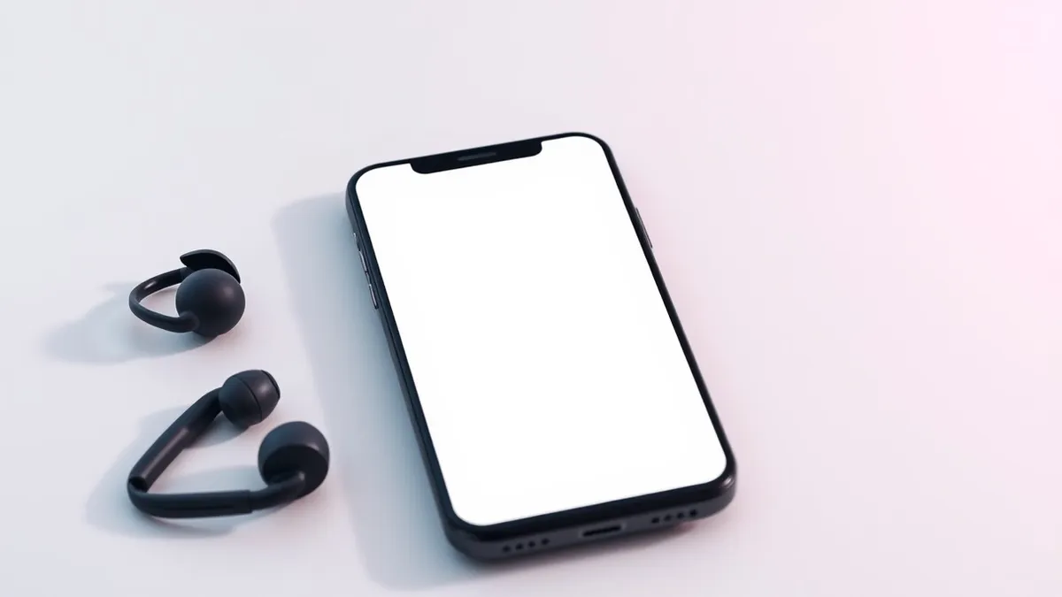 Illustration: A sleek black smartphone rests on a white desk beside a pair of wireless earbuds.