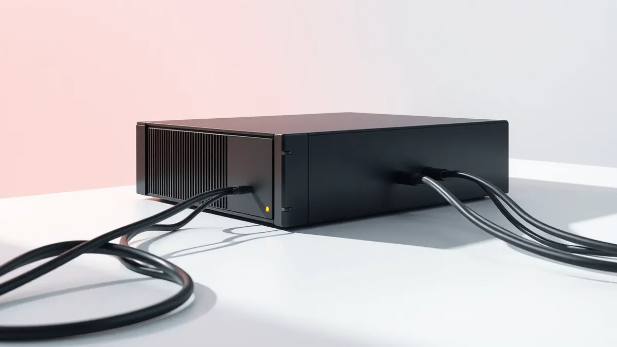Illustration: A sleek, matte-black server blade sits isolated on a polished white desk, its single amber status light pulsing with a slow, steady rhythm.