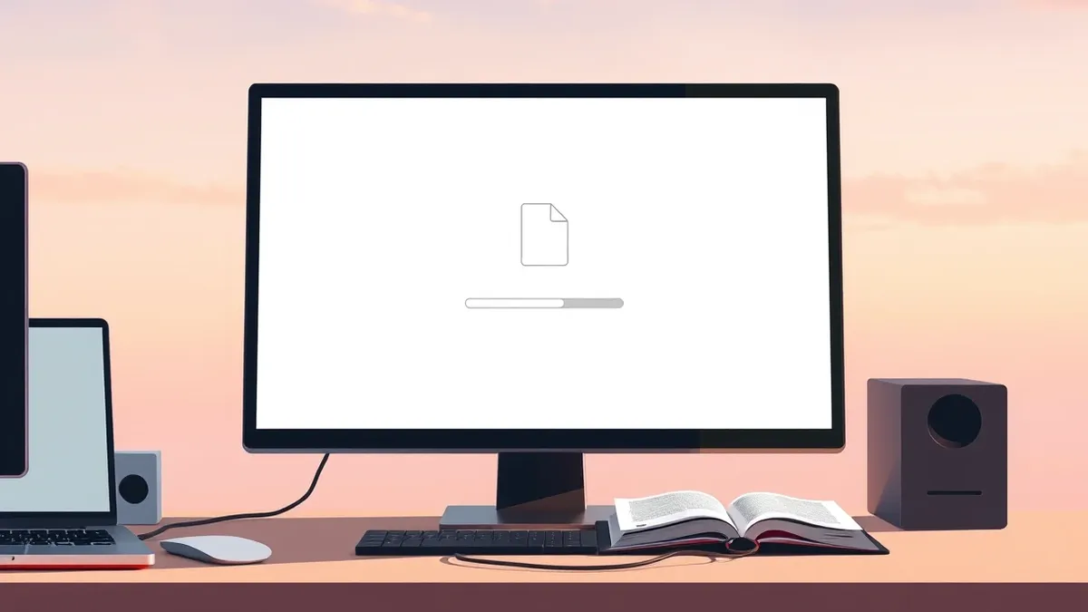 Illustration: A blank computer monitor displays a simple download progress bar for a generic file icon shaped like an open book.