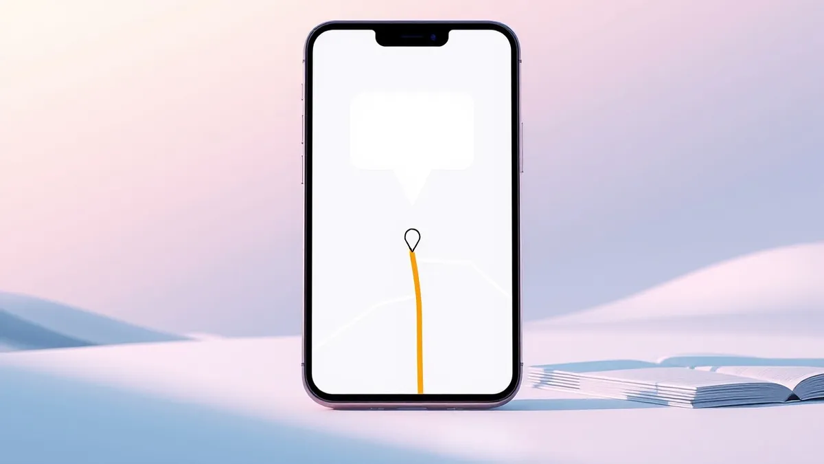 Illustration: A smartphone displays a blank map interface with a single conversation bubble icon hovering above a highlighted route.