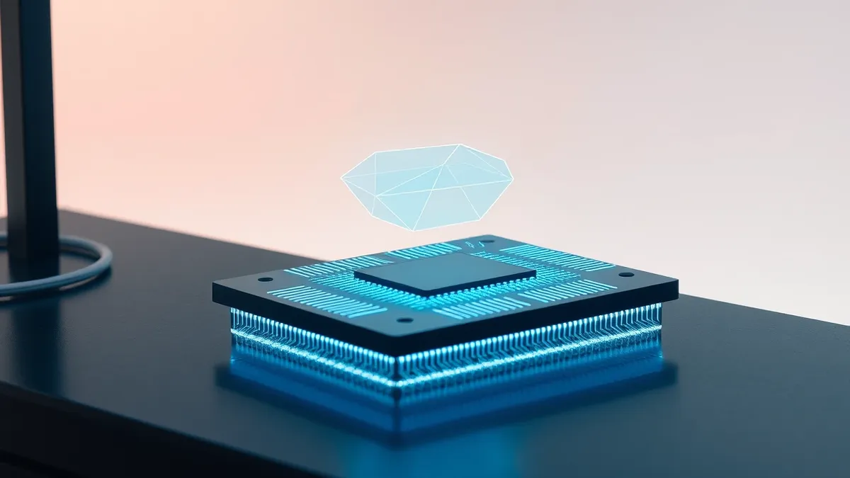 Illustration: A sleek microchip rests on a dark workbench, its surface intricately patterned with glowing blue circuitry that pulses softly.
