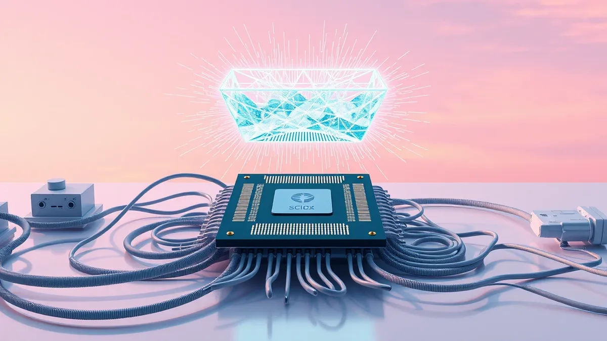 Illustration: A sleek quantum processor chip rests on a sterile lab bench, surrounded by tangle of cryogenic cooling tubes.