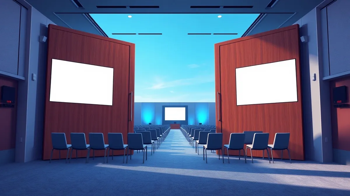 Illustration: Two large conference hall doors stand slightly ajar, revealing rows of empty chairs and blank podium screens inside.