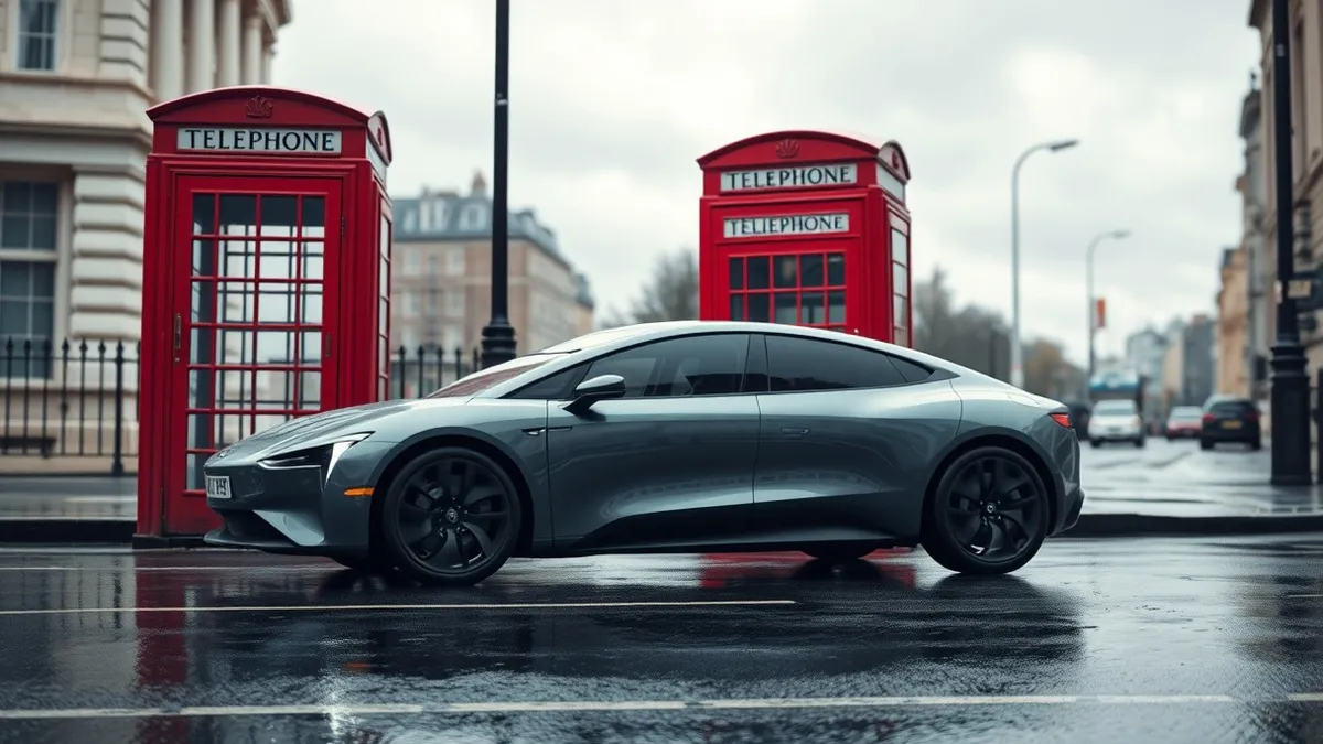 Illustration: A sleek autonomous vehicle sits idle on a wet London street near a classic red telephone box.