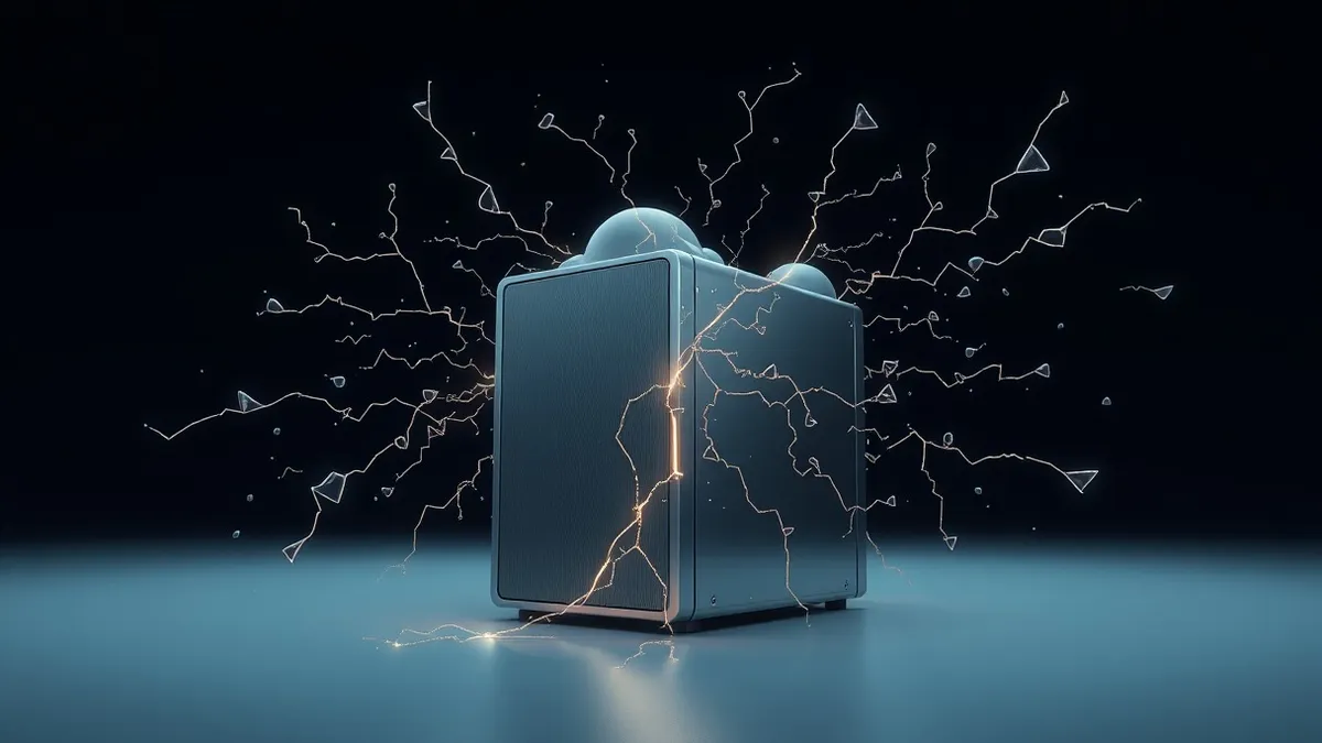 Illustration: A sleek cloud storage server sits isolated in a sterile digital void.