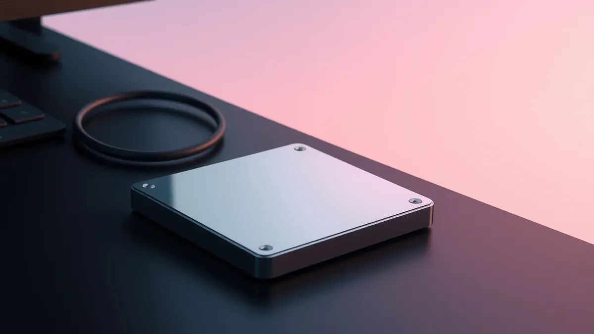 Illustration: A solid-state drive with a sleek metal casing rests on a dark desk beside a coiled data cable.
