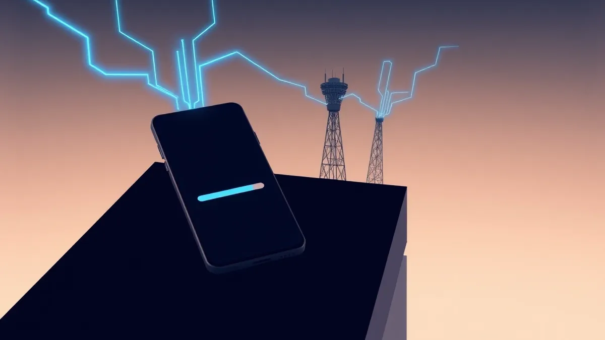 Illustration: A black smartphone rests on a dark desk, its screen displaying a blank digital wallet interface with an empty progress bar.