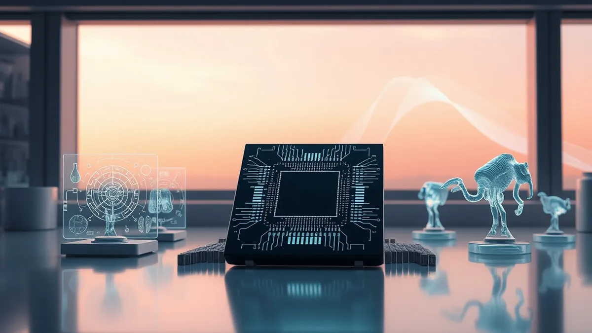 Illustration: A sleek black computer chip rests on a lab bench beside glowing quantum circuit diagrams and translucent medical models.