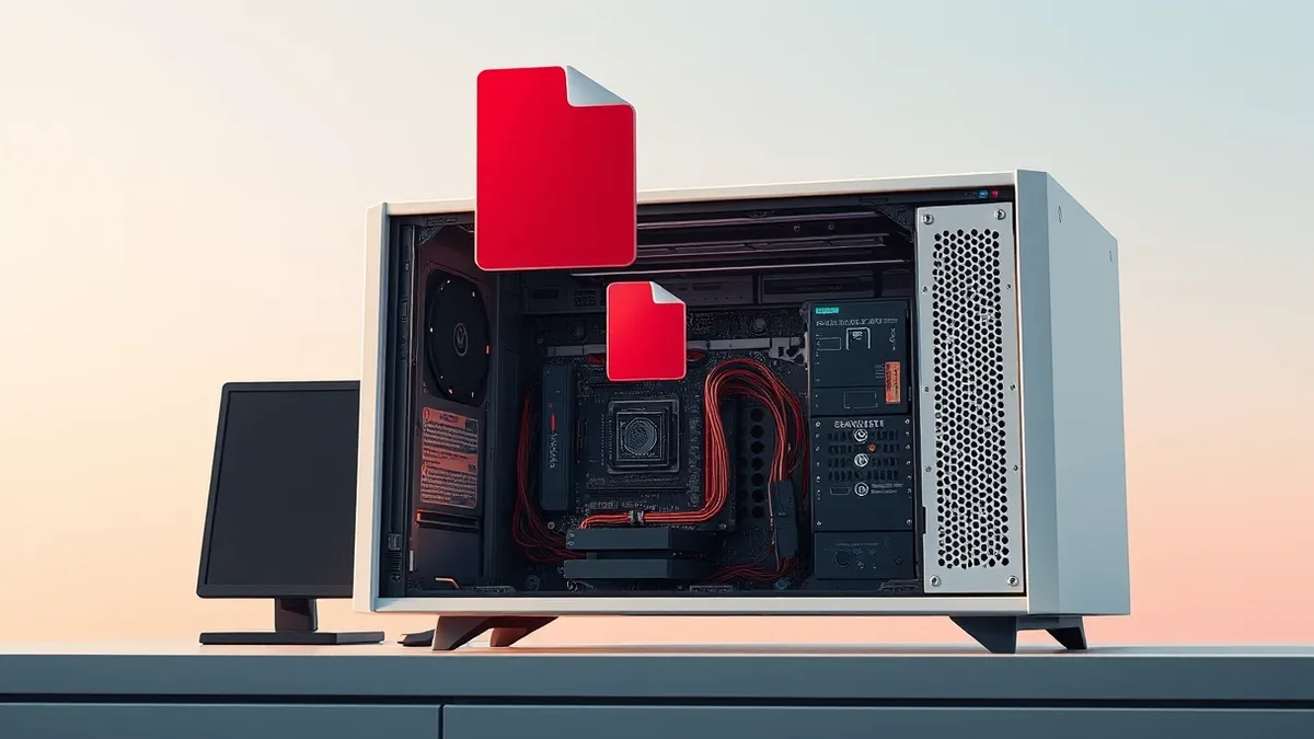 Illustration: A sleek white server sits open on a desk, revealing its internal circuitry.
