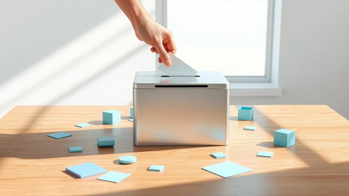 Illustration: A sleek silver donation box sits on a polished wooden table, surrounded by scattered abstract geometric shapes in soft blues and greens.