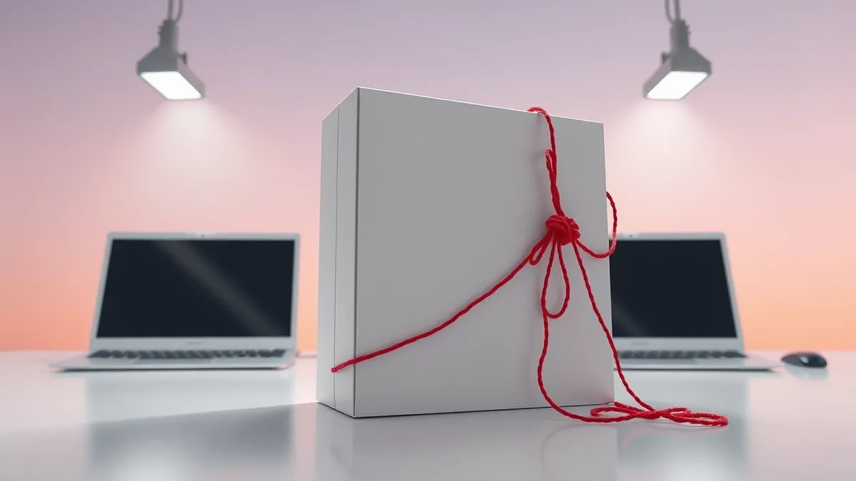 Illustration: A sleek white software installation box sits on a clean desk, its surface reflecting bright overhead lights.