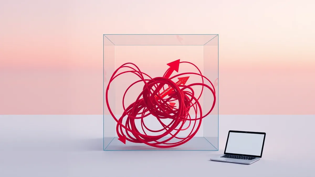 Illustration: A tangled knot of red arrows loops back on itself inside a glass cube.