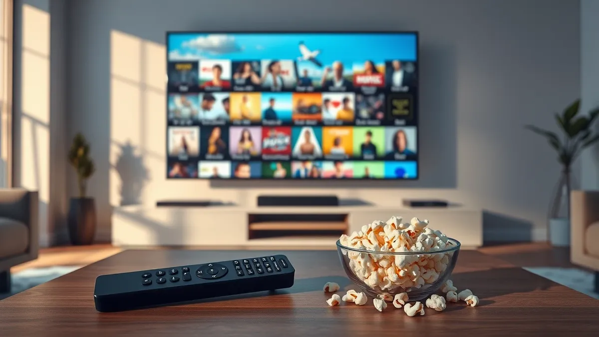 Illustration: A sleek black streaming remote rests on a modern coffee table beside a bowl of popcorn.