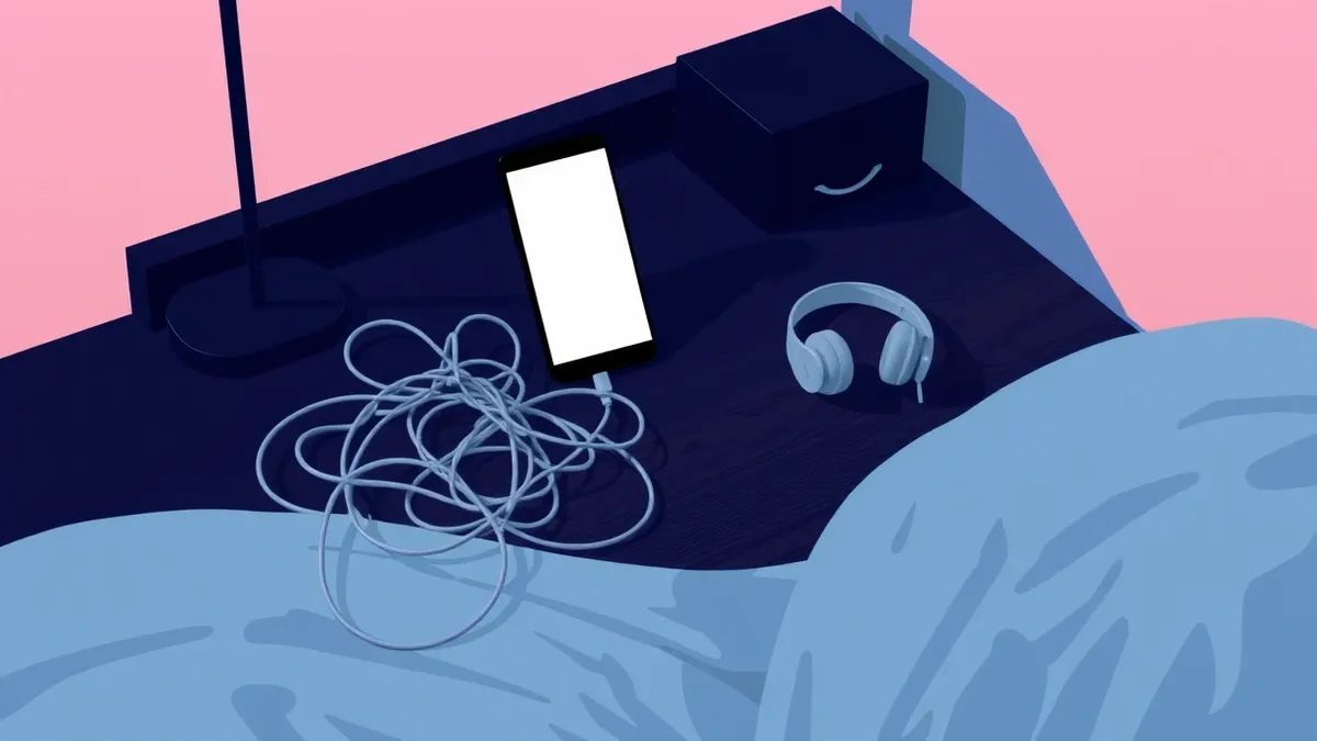 Illustration: A darkened bedroom interior shows a tangled white charging cable lying next to a black smartphone on a wooden desk.