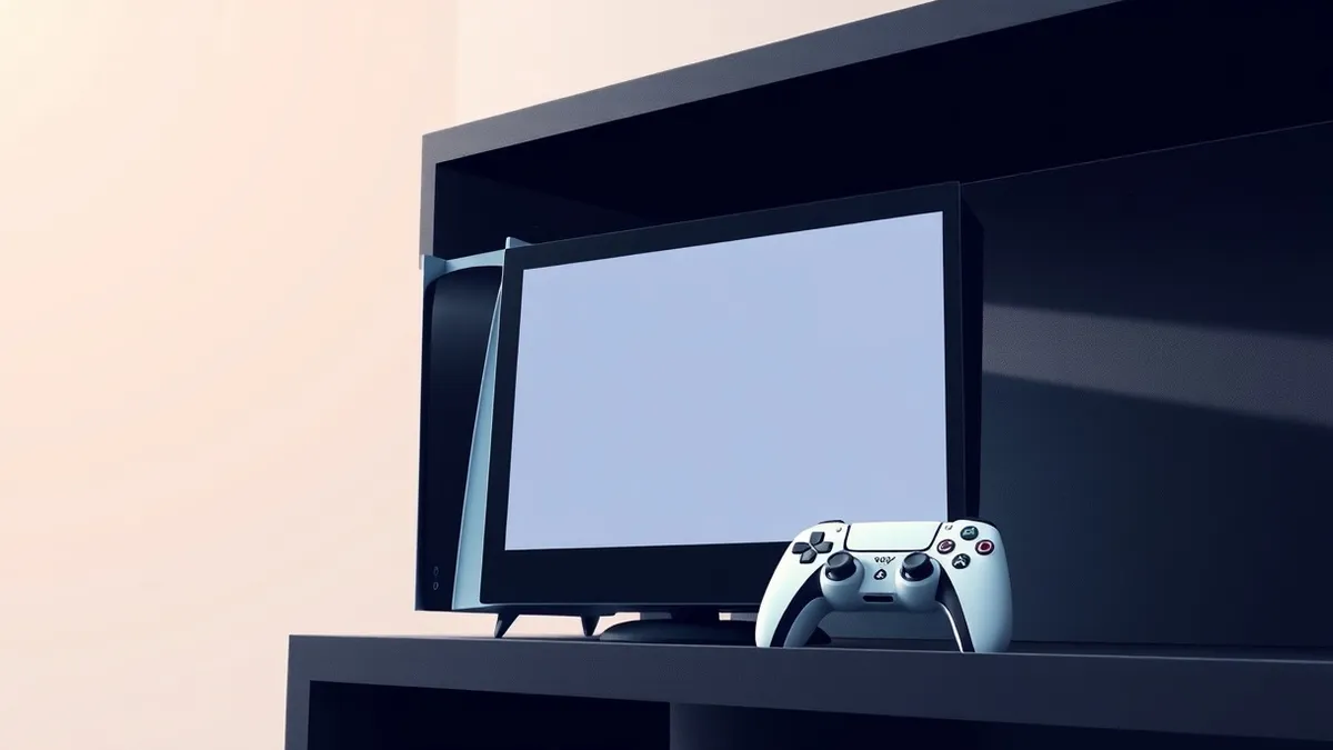 Illustration: A sleek black PlayStation 5 console sits idle on a dark shelf, its blank screen reflecting soft ambient light.