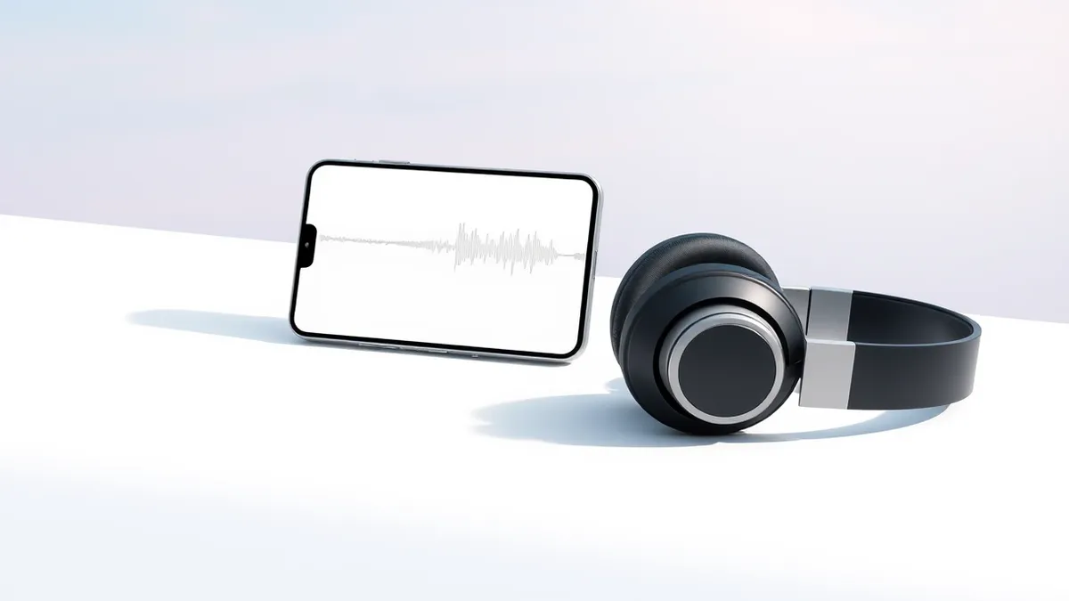 Illustration: A sleek smartphone rests on a clean white surface, its screen displaying a blank abstract audio waveform.