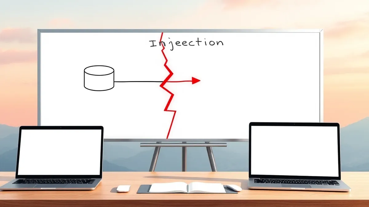 Illustration: A whiteboard displays a hand-drawn diagram of a database connection with a large jagged red crack splitting the lines.