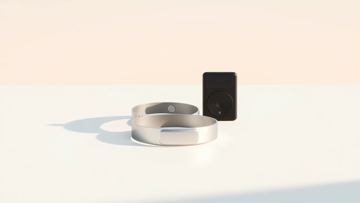 Illustration: A sleek silver wristband rests on a white table next to a compact black recorder.