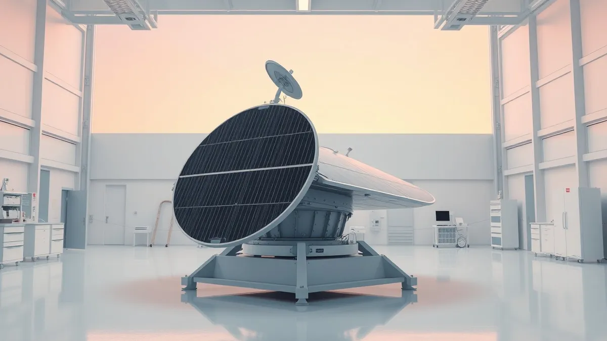 Illustration: A sleek, disc-shaped satellite rests on a clean white assembly stand in a bright laboratory.