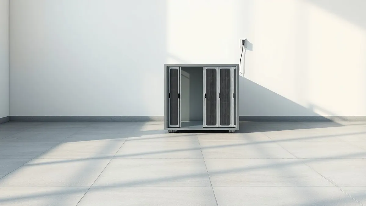 Illustration: A sleek silver server chassis sits alone on a polished concrete floor in an empty room, its power cable dangling loosely from the wall socket.