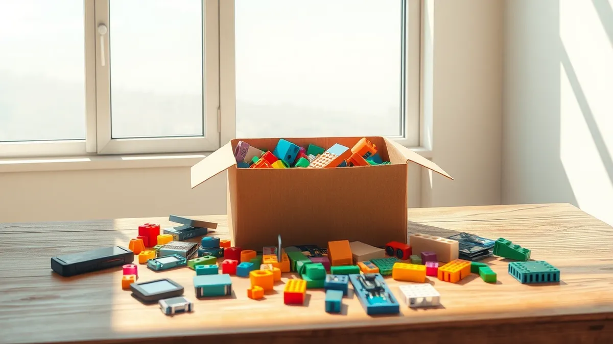 Illustration: An open cardboard box sits on a wooden table, spilling out colorful plastic building blocks and smooth circuit board replicas.