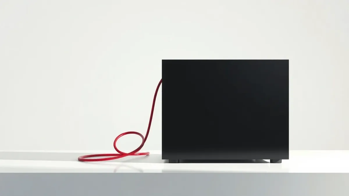 Illustration: A sleek black rectangular server box sits on a clean white desk, its surface reflecting soft studio lighting.