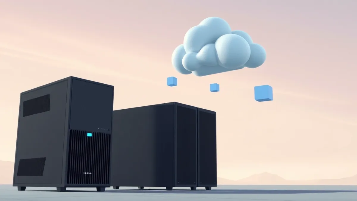 Illustration: A sleek black desktop tower sits beside a large industrial server rack.