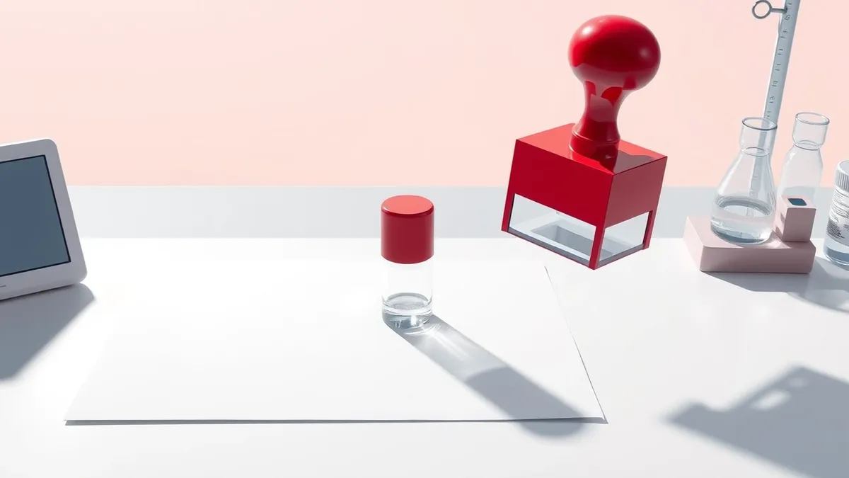 Illustration: A sterile laboratory bench holds a single glass vial with a clear liquid, resting next to a blank white paper document.