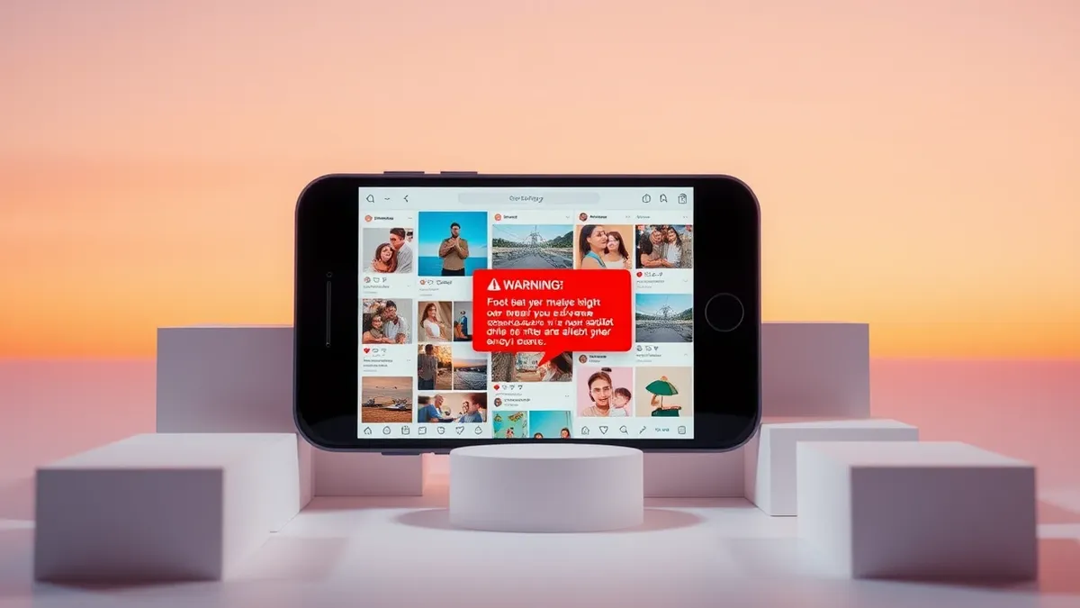 Illustration: A smartphone screen displays a grid of colorful social media posts, with one ad card highlighted by a red warning icon hovering over it.