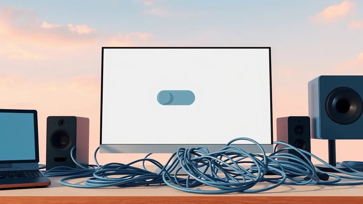 Illustration: A sleek Windows 11 desktop interface sits on a monitor, displaying a prominent greyed-out toggle switch that remains stuck in the off position.