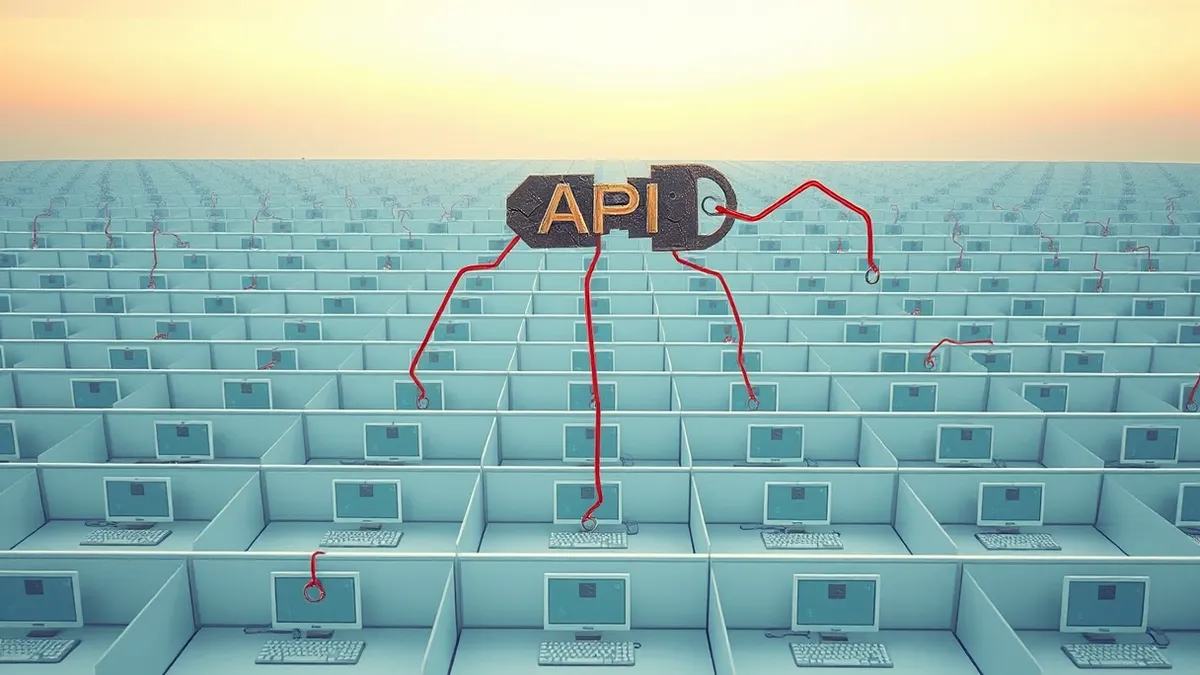 Illustration: A cracked API key floats above a grid of one hundred seventy-three blank office cubicles.
