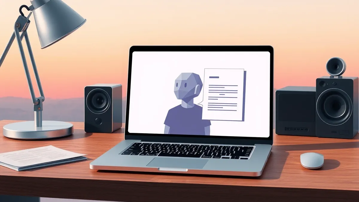 Illustration: A sleek laptop sits on a wooden desk, its screen displaying a stylized, geometric avatar head beside a blank document.