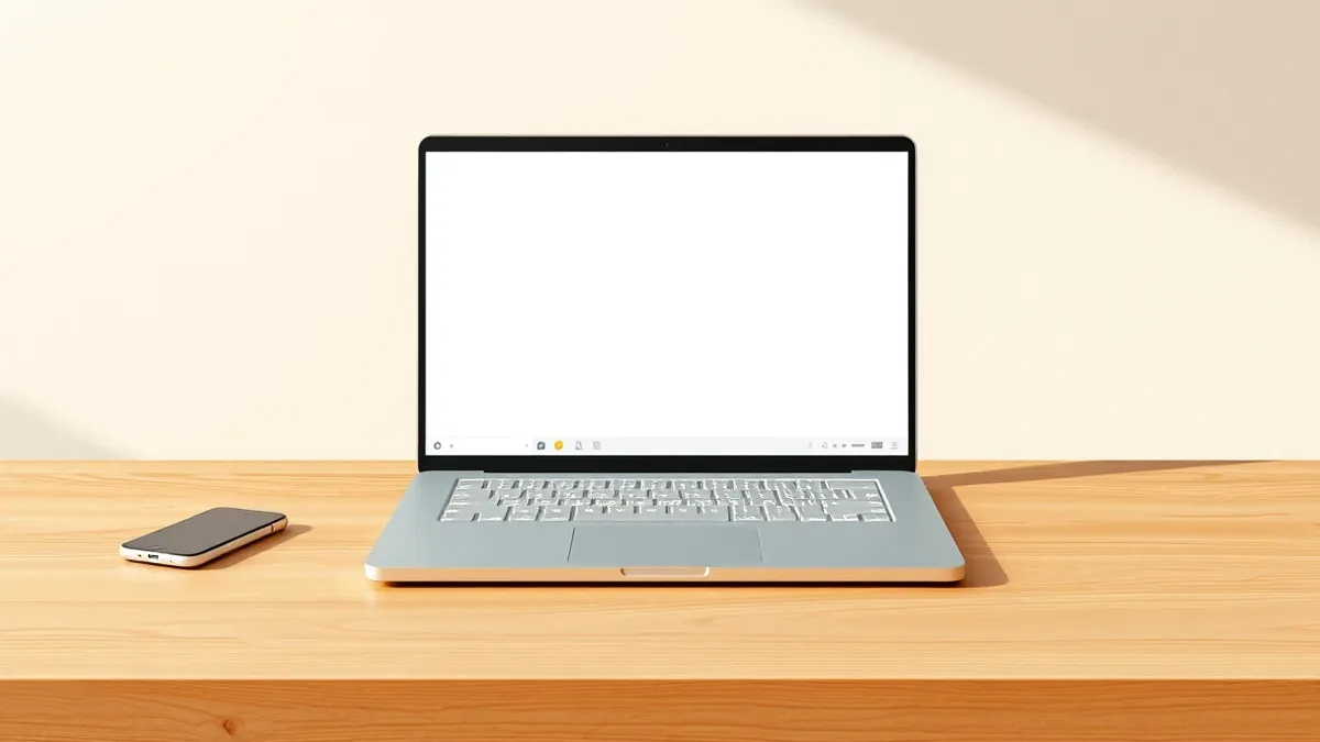 Illustration: A slim laptop rests on a wooden desk, its screen displaying a clean, minimalist desktop interface.