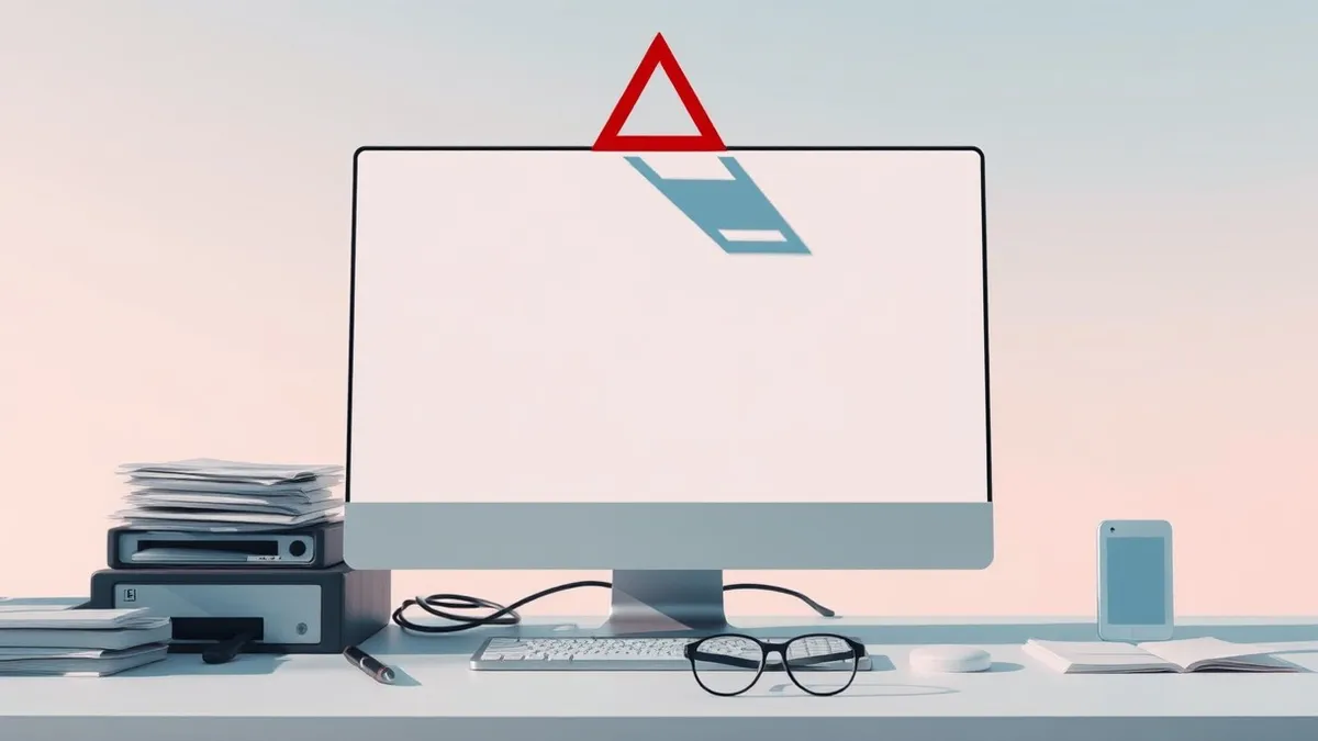 Illustration: A blank computer monitor sits on a cluttered desk, displaying only abstract geometric shapes.