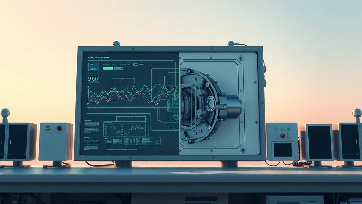 Illustration: A split industrial control panel displays two distinct interfaces, with one side showing abstract software data streams flowing through clean digital lines while the