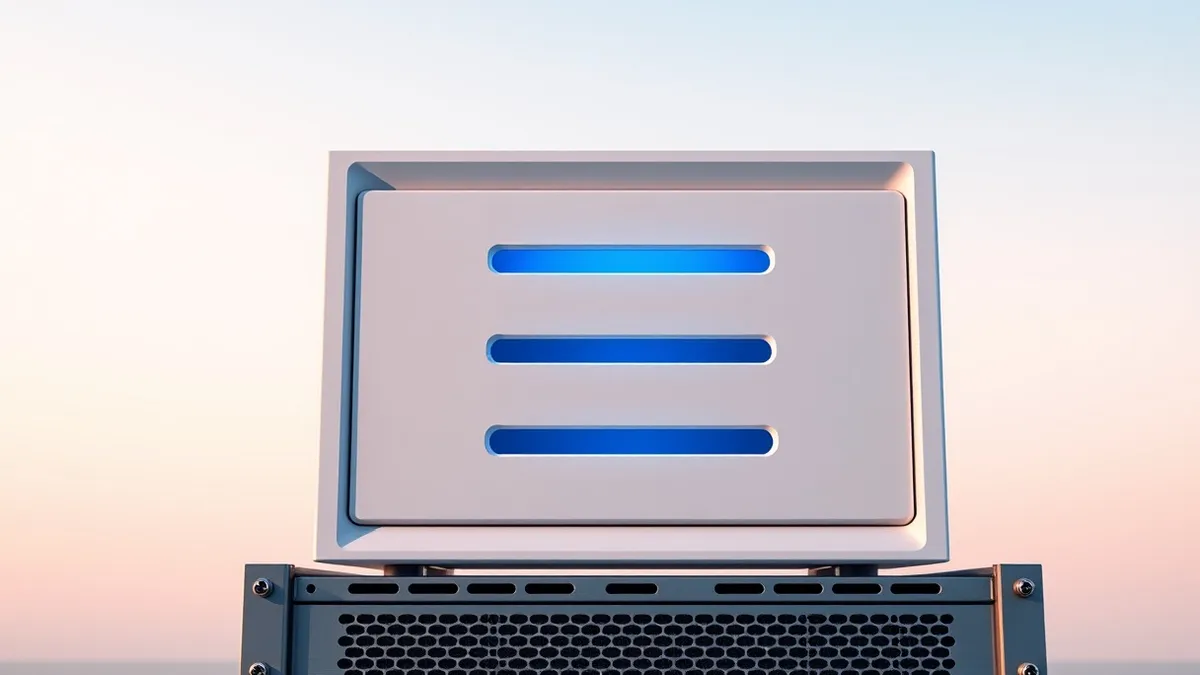 Illustration: A sleek white server node sits on a metal rack, its front panel featuring three distinct horizontal slots glowing with soft blue light.