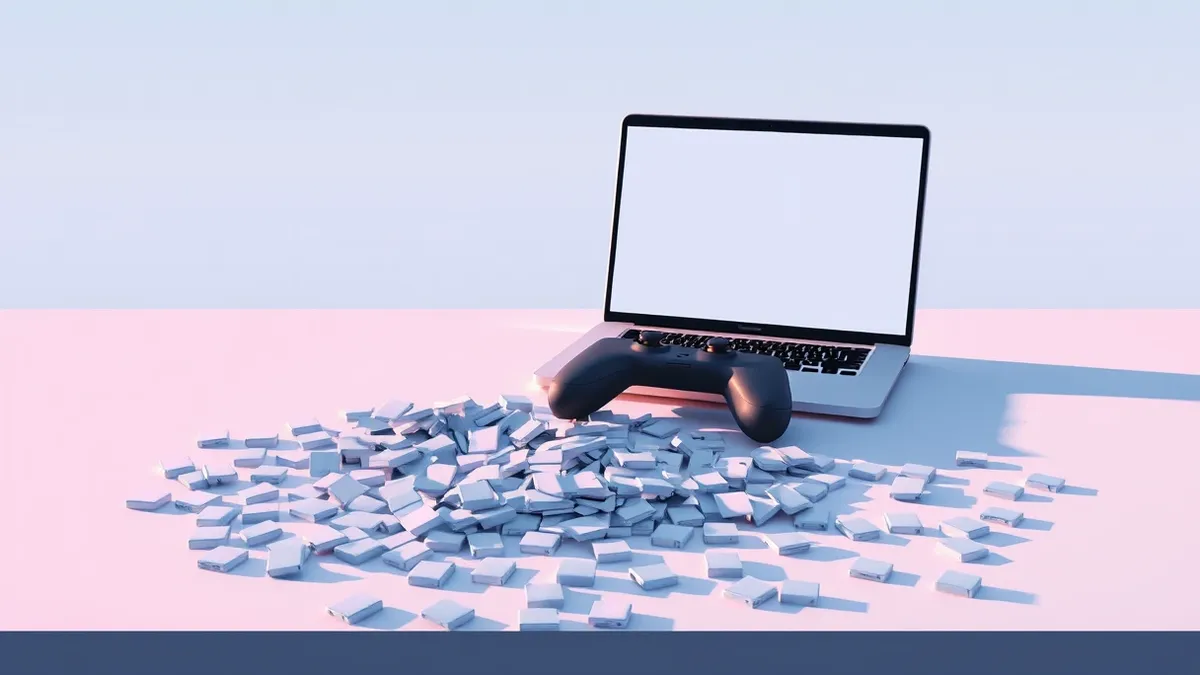 Illustration: A scattered pile of blank digital tiles lies on a sleek desk beside a deactivated gaming controller.