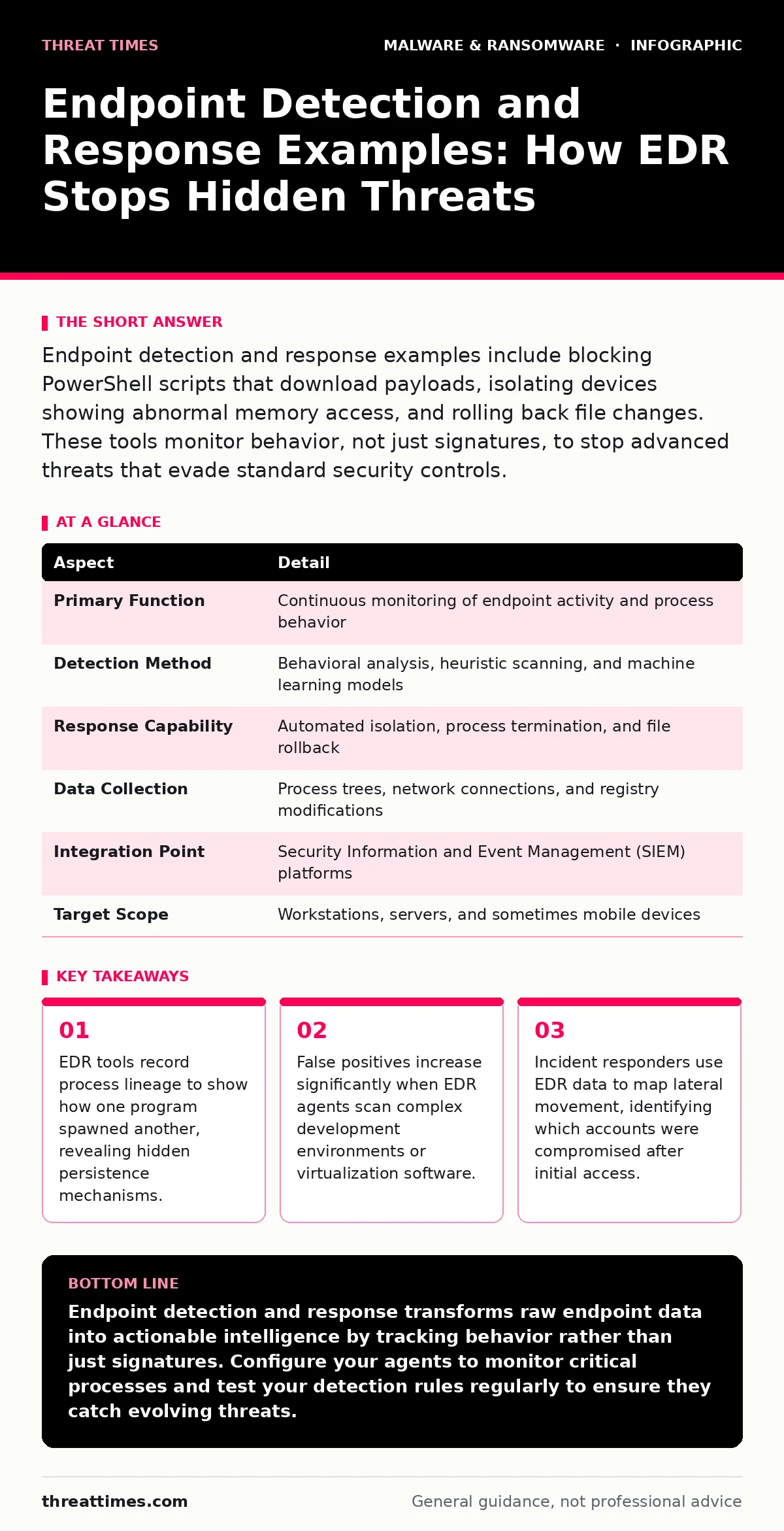 Infographic: Endpoint Detection and Response Examples: How EDR Stops Hidden Threats. EDR tools record process lineage to show how one program spawned another, revealing hidden persistence mechanisms. False positives increase significantly when EDR agents scan complex development environments or virt