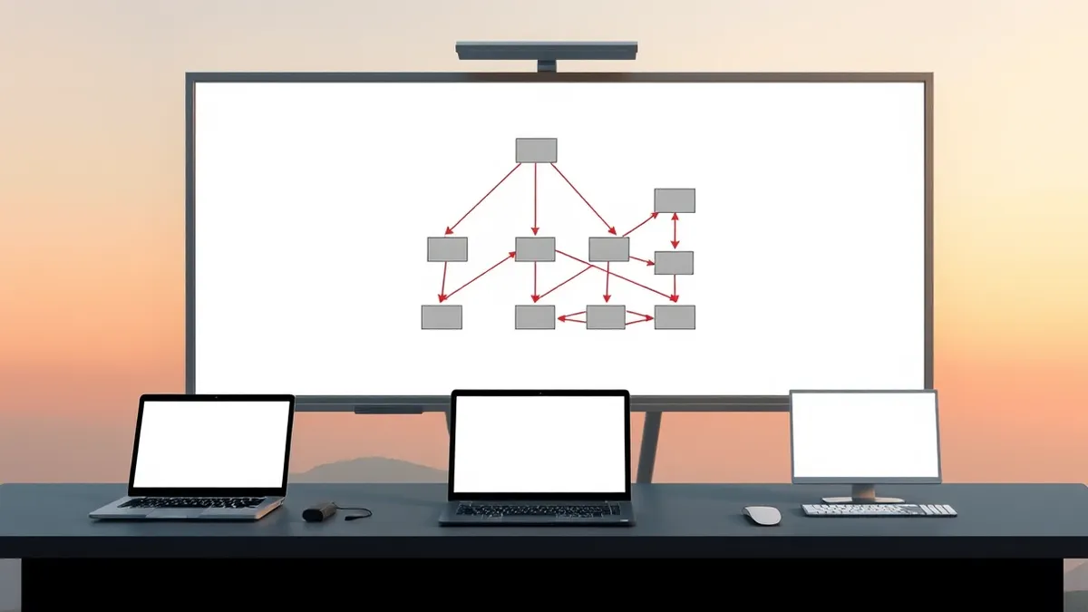 Illustration: A whiteboard displays a complex tree diagram with branching lines connecting abstract grey boxes.