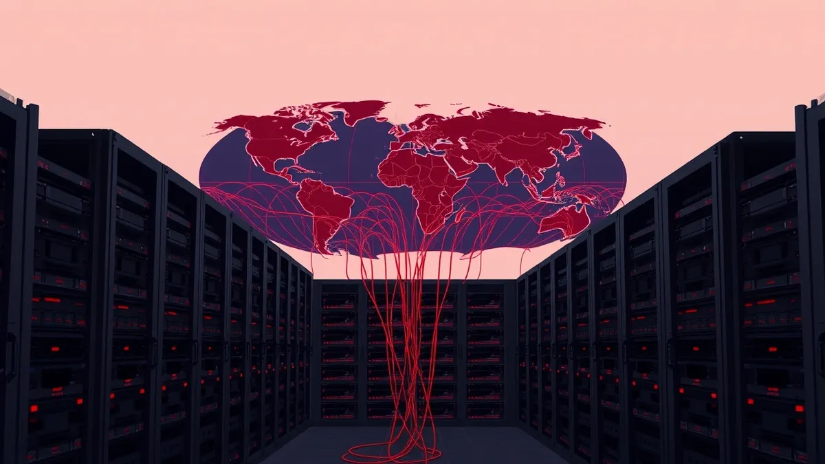 Illustration: A dark server room contains rows of black rack-mounted units with blinking red lights.