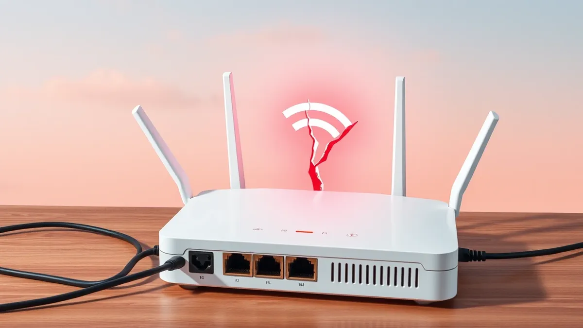 Illustration: A white home router sits on a wooden table with its ethernet cables plugged in.