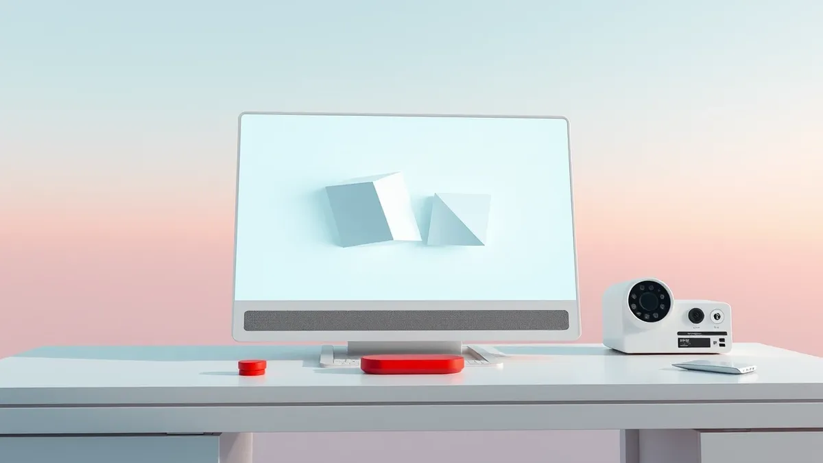 Illustration: A sleek white security console sits on a clean desk, displaying abstract geometric shapes that shift and rearrange themselves autonomously.