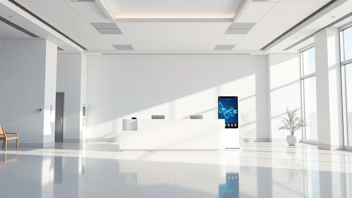 Illustration: A modern hospital reception desk sits in a bright lobby.
