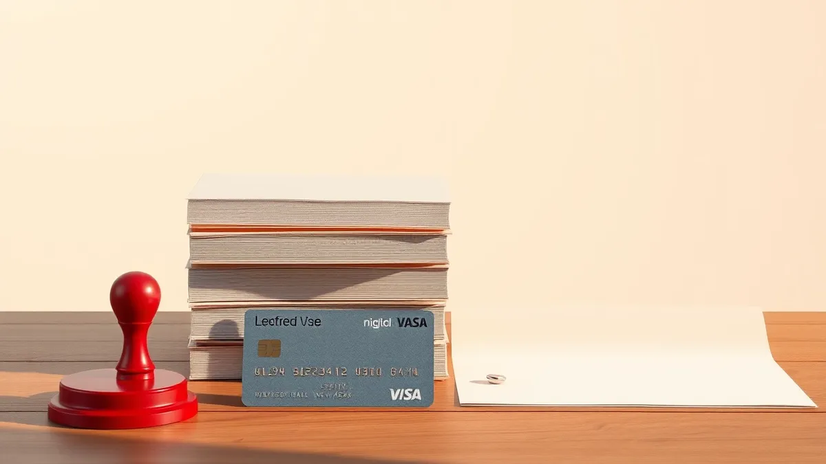 Illustration: A stack of blank legal folders rests on a wooden desk beside a silver digital credit score card.