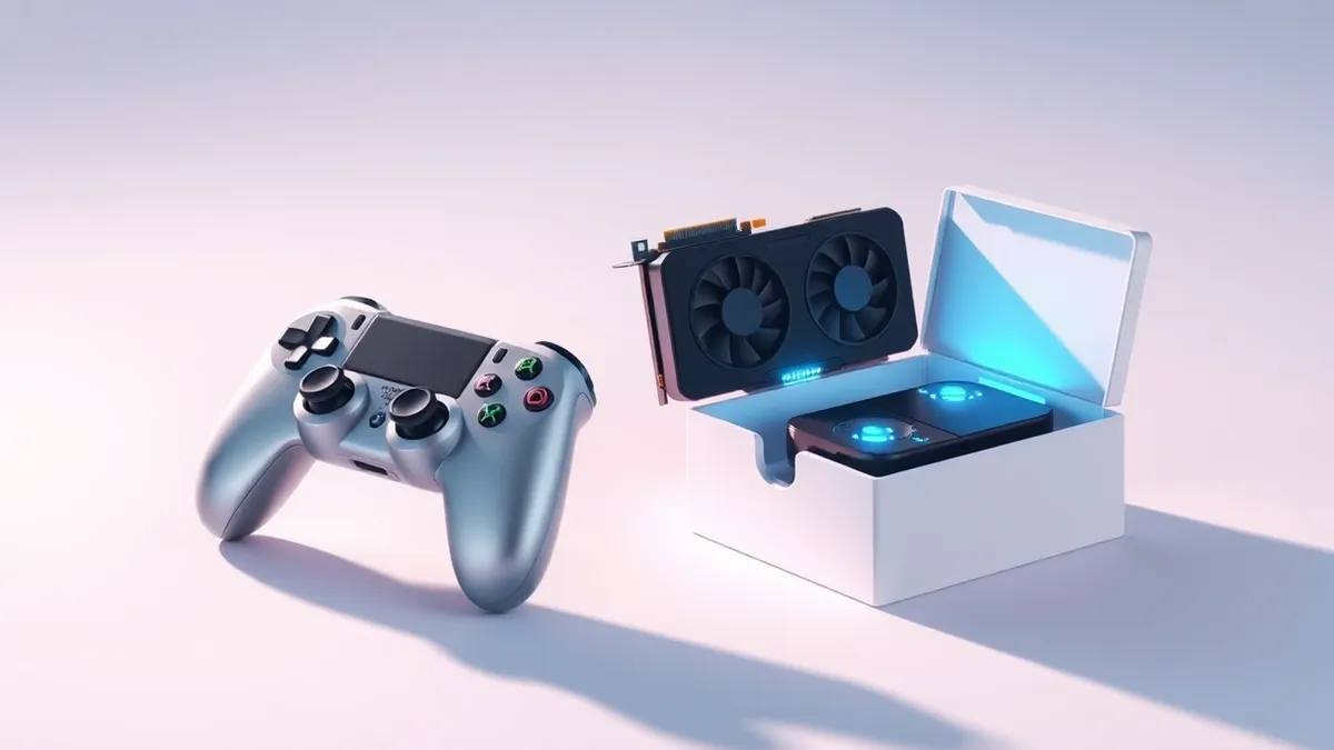 Illustration: A silver game controller rests beside a compact handheld gaming device with a blank screen, while a black desktop graphics card sits nearby in a clean white box.